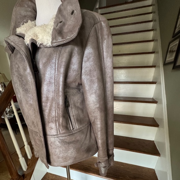 Via Spiga Metallic Moto Vegan Fur-lined Jacket Sz L - Picture 5 of 9